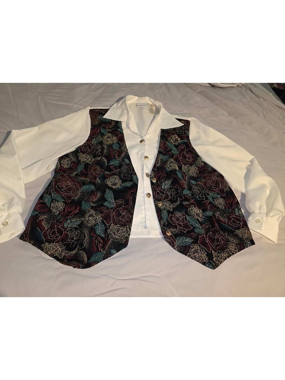 Vintage Bobbie Brooks Woman Blouse Floral Vest Gold Metallic - Size 12/14